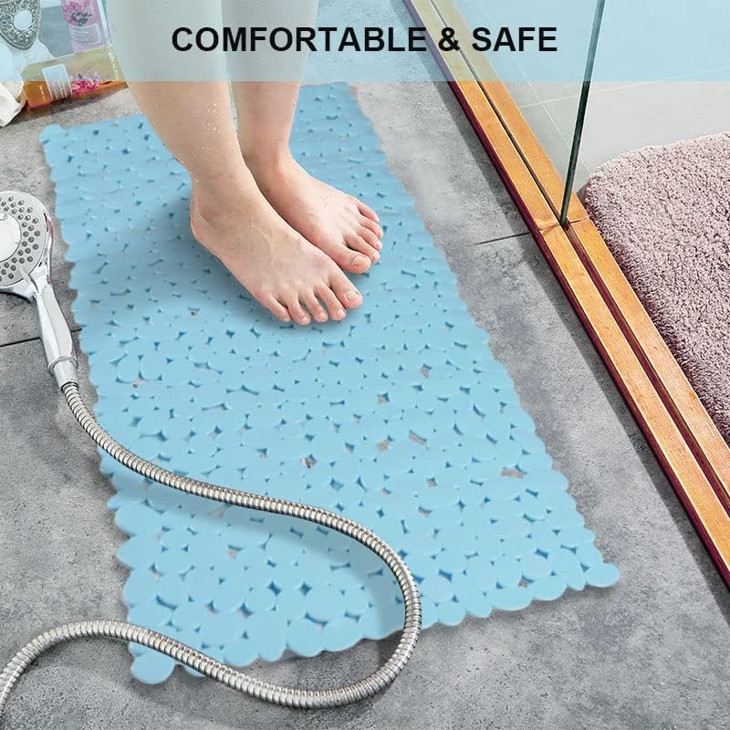 Bathtub Mat Non Slip Pebble Bath Shower Mat 35"X16" with Suction Cups,Blue - Image 4