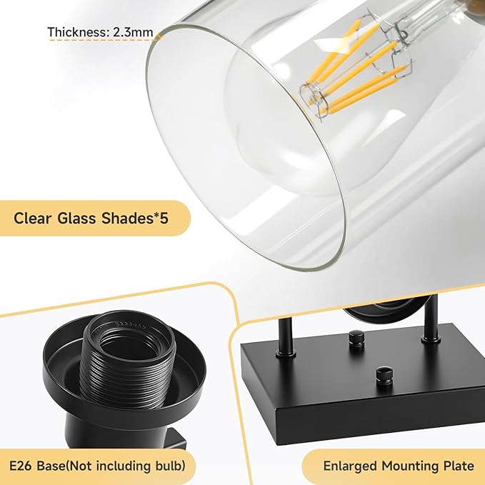 5-Light Black Bathroom Vanity Light, Modern Vanity Lighting Fixture for Bathroom, 31" Matte Light Fixture, Wall Sconces with Clear Glass Shade, Black Bathroom Wall Light Over Mirror