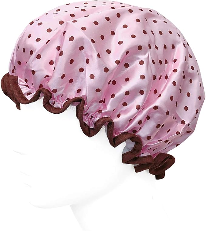 allydrew Reusable Women's Waterproof Shower Caps for Long Hair, Pink Polka Dots