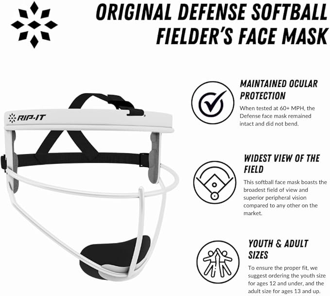 RIP-IT Original Defense Softball Face Mask, Lightweight, Protective Fielder's Softball Face Shield with Ponytail Strap & Soft Foam Padding