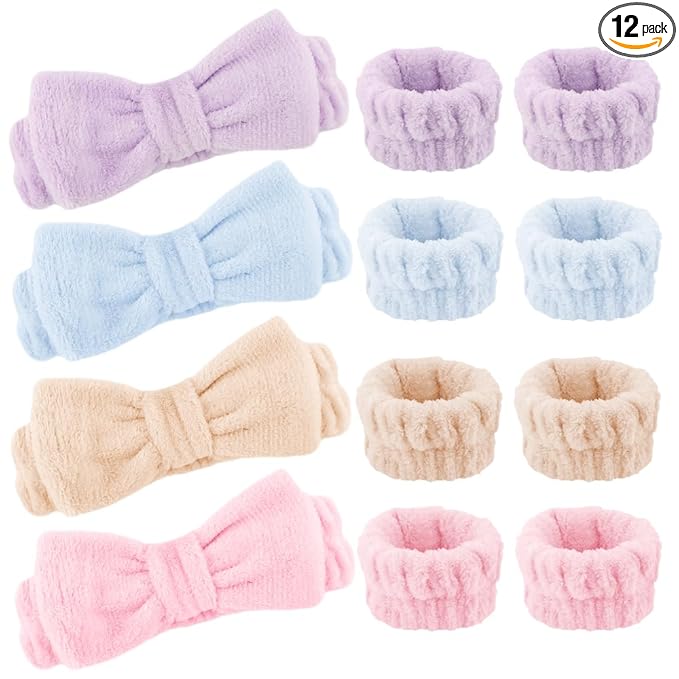 AOPRIE SPA Headbands for Washing Face Makeup Headbands with Bow Hair Band Women Facial Head Band Laurel Wrist Towel Wraps For Shower Face Mask Blue Pink Purple, 12 Pack