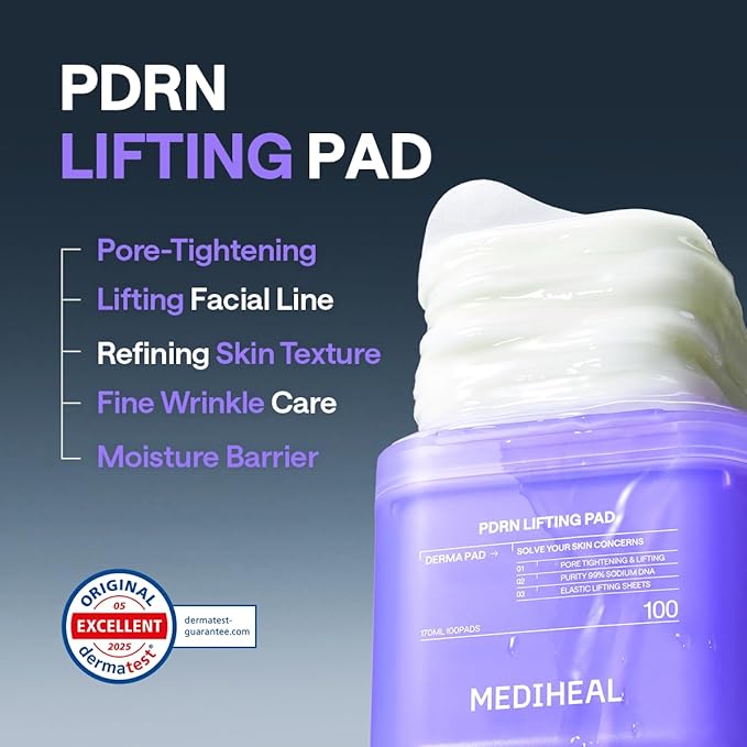 MEDIHEAL Toner Pads 100 Count - PDRN Stretchable Lifting Pads with Squalane and Glutathione for Total Skin Care - Plant Based Rose PDRN - Wrinkle & Pore Care - Vegan Stretchable Lifting Fabric