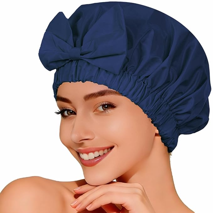 Shower Cap for Women, Cute Bow Waterproof Reusable Bath Cap, Non-Slip Anti Humidity, Roomy Anti-Frizz for Short Medium Wavy Hair, Soft Elastic & Machine Washable, Navy Blue