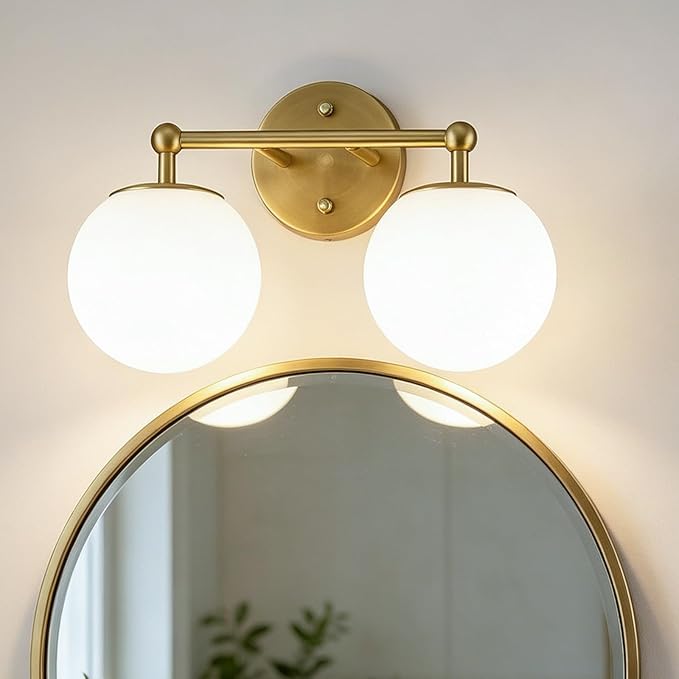 AKEZON Gold Bathroom Light Fixtures, 2-Light Vanity Lights Over Mirror Wall Sconce with Milky White Frosted Glass Shade, Mid Century Farmhouse Vanity Lighting for Bedroom Hallway