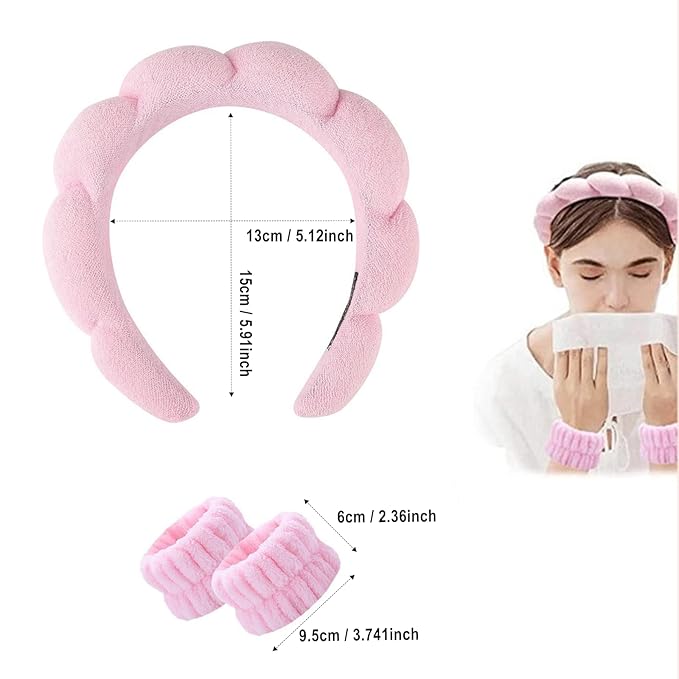 Spa Headband and Wristband Set for Women,Terry Cloth Sponge Headband for Washing Face,Makeup,Facial Mask and Skincare (Pink,Purple, One Size)