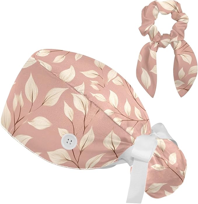 Scrub Caps Women Ponytail Cute Pink and White Leaves Caps Bouffant Working Hat Elastic Tie Back Hats with Button