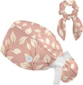 Scrub Caps Women Ponytail Cute Pink and White Leaves Caps Bouffant Working Hat Elastic Tie Back Hats with Button