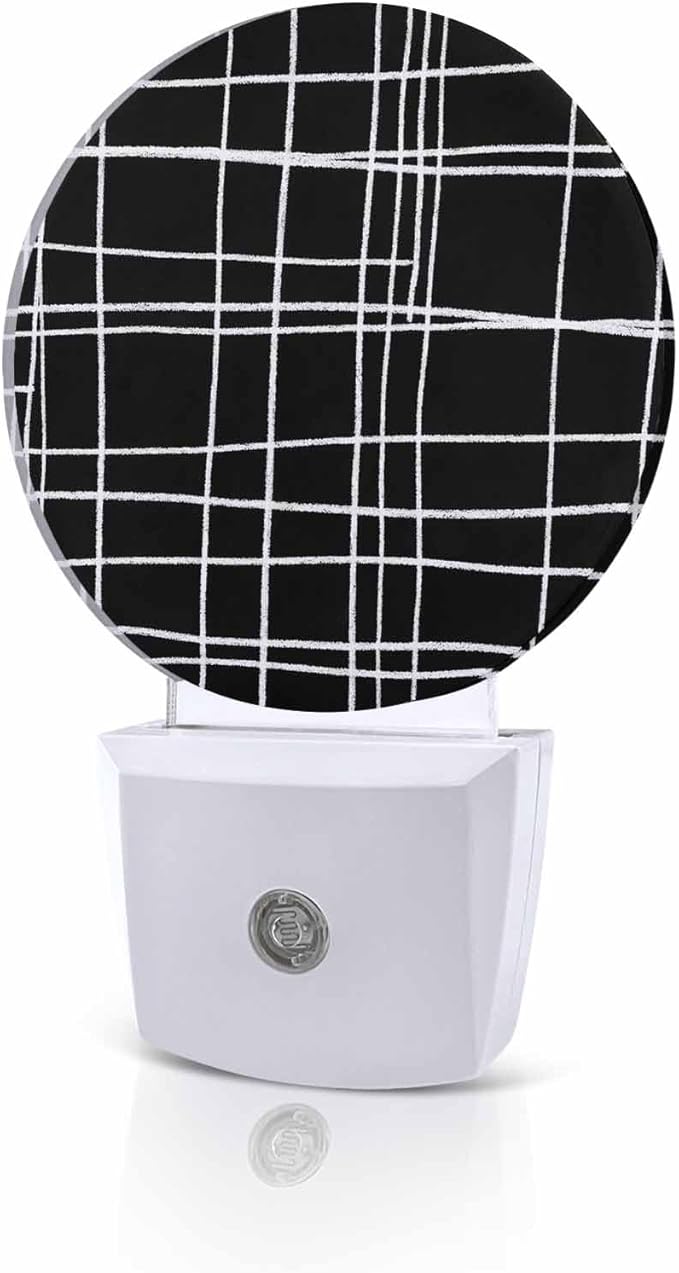 Night Lights Auto Sensor Black Checked Plaid Night Light Minimalist Grid Lines Round Lamp Plug-in LED Nightlights Dusk to Dawn for Living Room Bedroom Bathroom Hallway Wall Decor