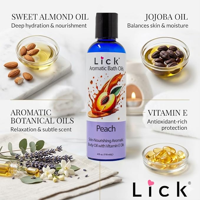 Lick Peach Aromatic Bath Oil - Fruit Aroma - Calming Floral Scents - Aromatherapy Oils for Bath Relaxation, 4 oz