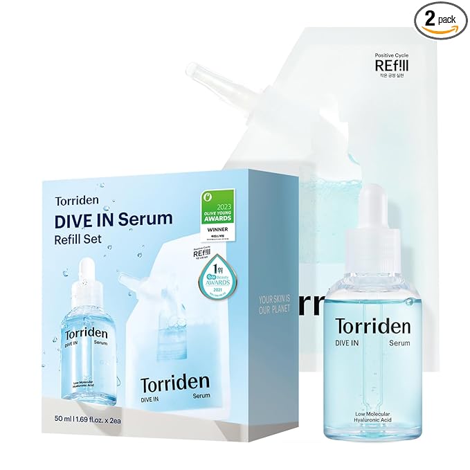 Torriden DIVE IN Serum 1.69 fl oz + refill pouch 1.69 fl oz | Deep Hydration to Get Glow Skin | Hyaluronic Acid, Panthenol, Allantoin | Korean Facial Serum