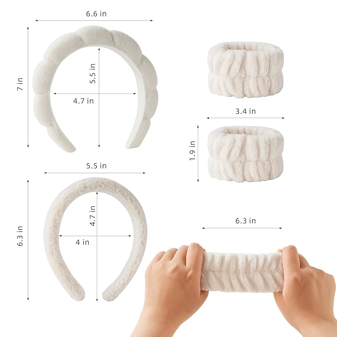 2Pcs Spa Headband for Washing Face & 1 Pair Wristband Set - Sponge Makeup Skincare Headband, Terry Cloth Bubble Soft Hairband, Puffy Padded Non-Slip Thick Hair Accessory for Women & Girls (Beige)