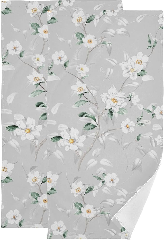 White Grey Blossom Flower Hand Towels for Bathroom Set of 2,Gray Green Leave Branches Floral Decorative Bathroom Towels for Bath,Face,Hair,Soft Absorbent Dish Towels for Kitchen Decor 28"x14"