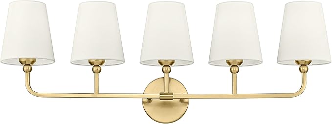 5-Light Bathroom Light Fixtures, Brushed Gold Vanity Lights with Flared Beige Fabric Shade, 35 Inch Wall Sconce, Vintage Sconces Wall Lighting for Hallway Bedroom, VL837-BG-B-5