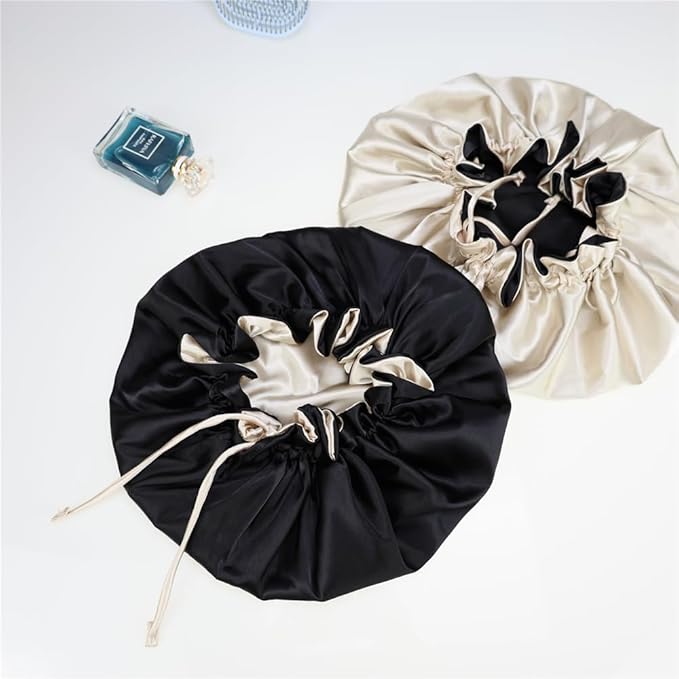 Adjustable Silk Satin Bonnet Hair Care Caps for Women Girls Loose-fitting Reversible Sleeping Cap Shower Caps Hair Wrap Bonnets (004 Black/Beige)