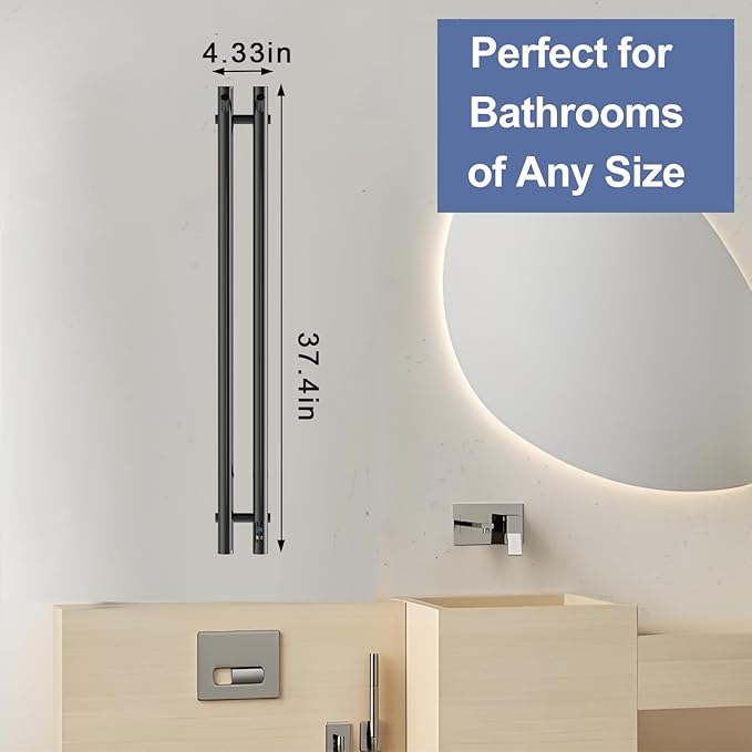 Heated Towel Rack, Towel Warmer with Timer, Wall Mounted hot Towel Warmer Rack for Bathroom, Hardwired or Plug-in Models Vertical Towel Heater, 2 Vertical Rack Round Design (Black)