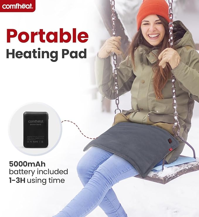 Portable Heating Pad with 5000mAh Battery Powered, 1.7LB Weighted Heat Pad Rechargeable for 1-3H Warmth Outdoor Travel, 3 Heat Settings, 12" x 16", Gray