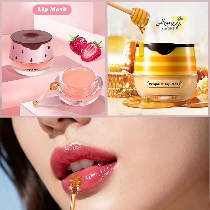6 PCS Honey Lip Mask, Strawberry & Watermelon & Coconut & Cherry & Apple Lime Lip Sleeping Mask Propolis Moisturizing Lip Balm with Stick, Nourish Repairs And Prevents Chapped Lips (6 Flavors)