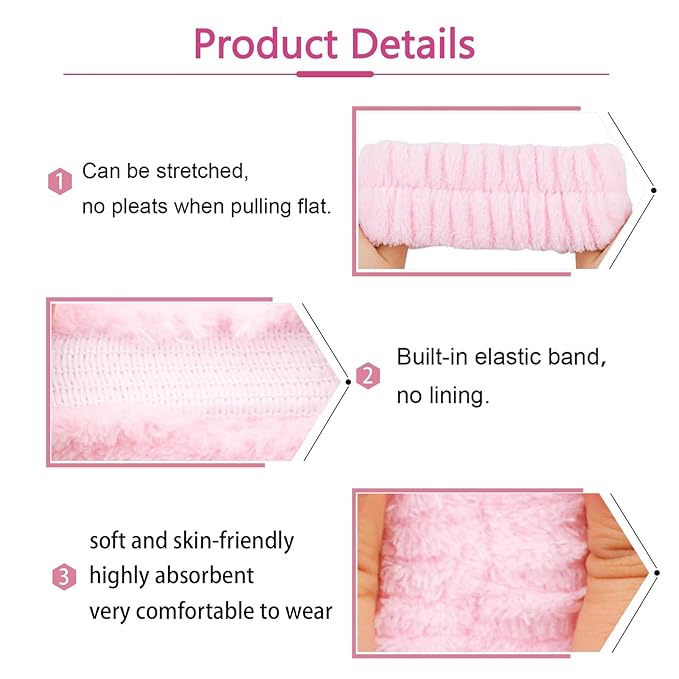 6 Pcs Elastic Microfiber Spa Headband Set for Women - Makeup, Skincare, Face Wash Wristbands, Beauty.(pink)