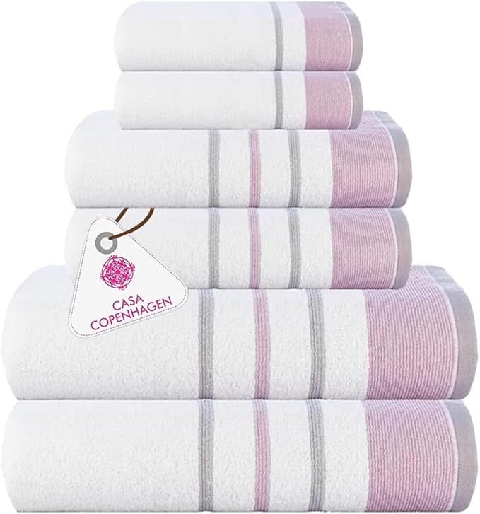 CASA COPENHAGEN White Bay 6Pcs 100% Egyptian Cotton Large Designer Towels Gift Set- White - Lavender, 600GSM, 2Bath 2Hand 2Washcloths, Bath Towels for Bathroom Set for Women & Men