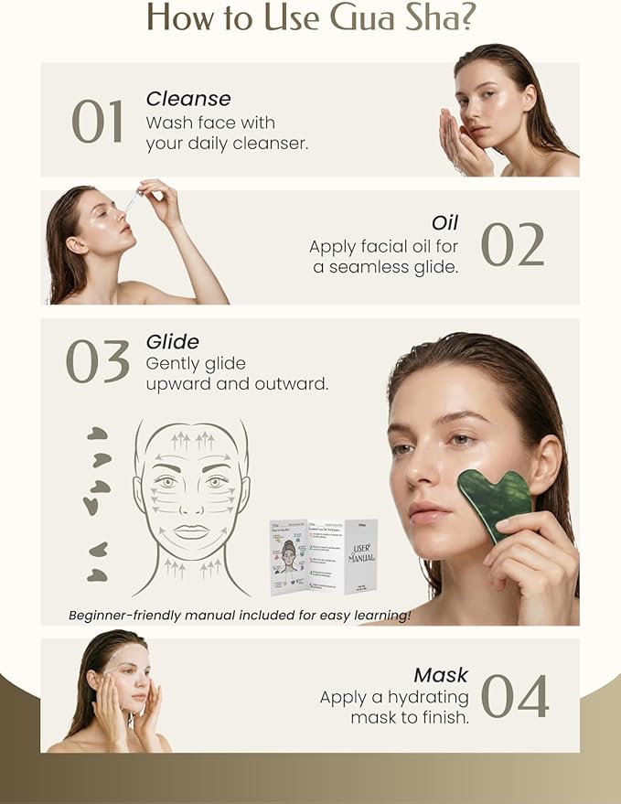 Gua Sha Facial Tool – Jade Guasha Tool for Face & Neck – Face Massager Tool for Lymphatic Drainage, Puffiness Reduction & Jawline Sculpting (Green)