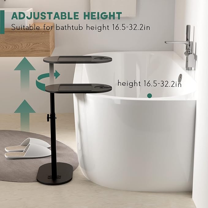 Yumkfoi Bamboo Bathtub Tray Table with Adjustable Height, Freestanding Bathtub Caddy for Tub Against Wall, Tub Organizer Suitable for Luxury Spa and House Warming - Patent Protected (Black)