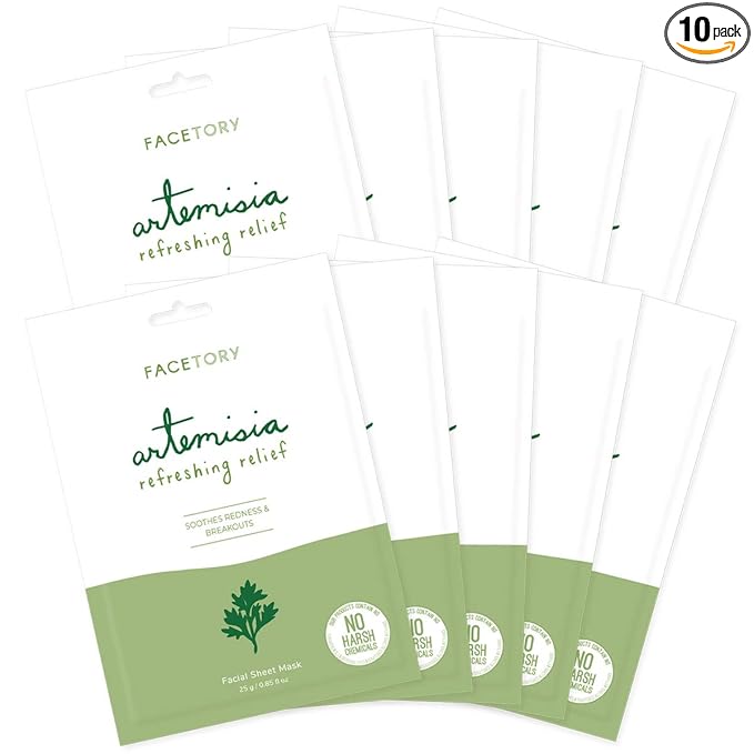 FACETORY K Beauty Face Mask Skin Care - ARTEMISIA REFRESHING RELIEF Sheet Mask with Artemesia Plant Extract | Soothes Redness & Breakouts (10 Pack)