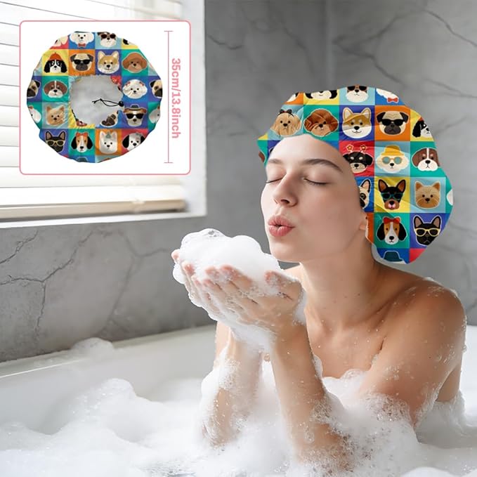 Funny Dog Reusable Shower Cap Cute Double Layer Waterproof Shower Caps Large Elastic Hair Cover Adjustable Hair - Drying Caps for Woman Man Bath SPA Travel One Size Fits Most