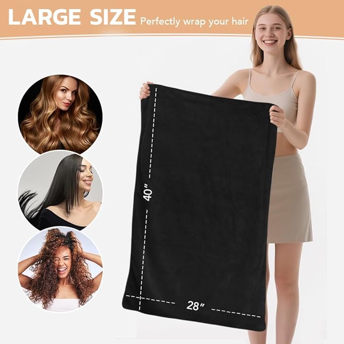 SUNLAND Microfiber Hair Towels Anti Frizz Hair Drying Towel Super Absorbent Fast Drying Turbans for Wet Curly Hair Soft Hair Towel Wrap with Elastic Band for All Hair Types 40 X 28 inches 2Pack Black
