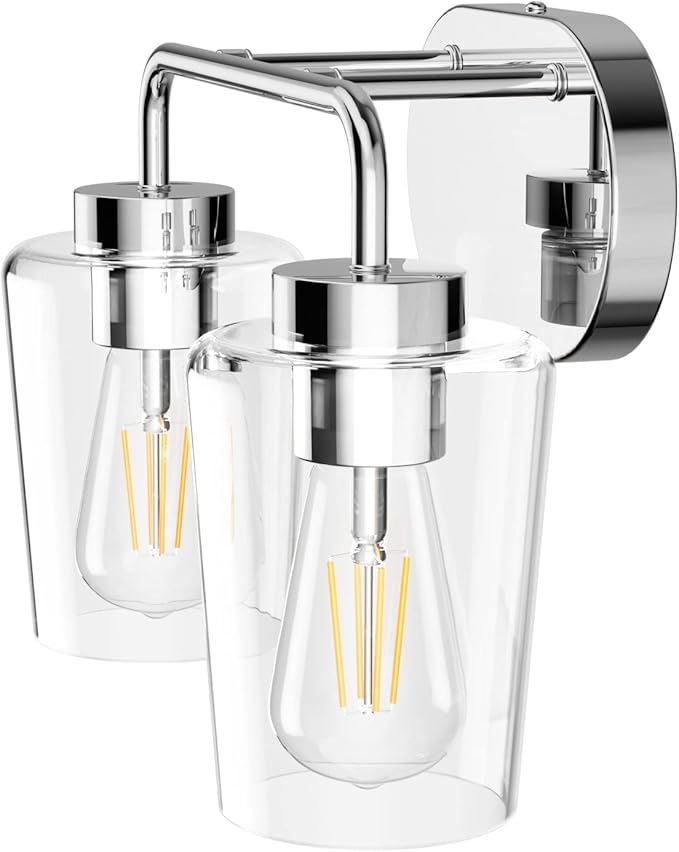 Tipace Chrome Vintage Bathroom Vanity Light,2 Lights Modern Stainless Steel with Clear Glass Bathroom Light Fixtures Industrial Wall Mount Lighting Sconce(Exclude Bulb)