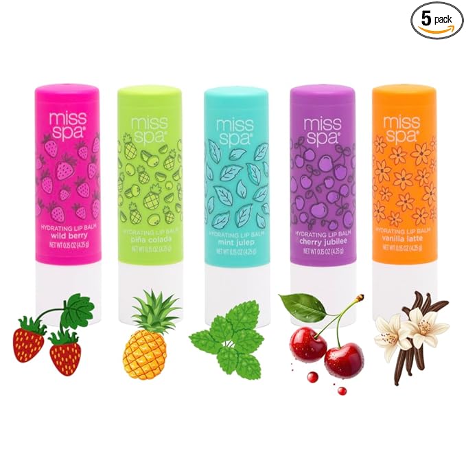 Miss Spa Hydrating Lip Balm Set Moisturizing Lip Care Gift Set for Dry Lips,Nourishing Lip Moisturizer with Shea Butter & Vitamin E, Vegan Gluten Free, Long-Lasting Hydration, 5 Flavors
