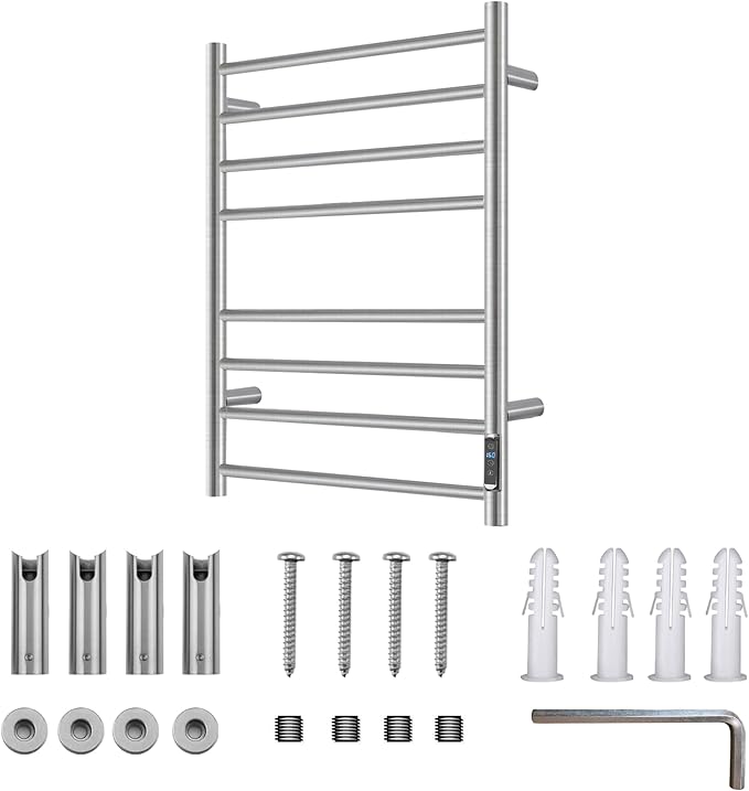 Heated Towel Racks for Bathroom, Wall Mounted Electric Towel Warmer Racks with Timer & Temperature Control, 8 Bar Stainless Steel Towel Heater for Bathroom, Brushed Silver, Plug-in