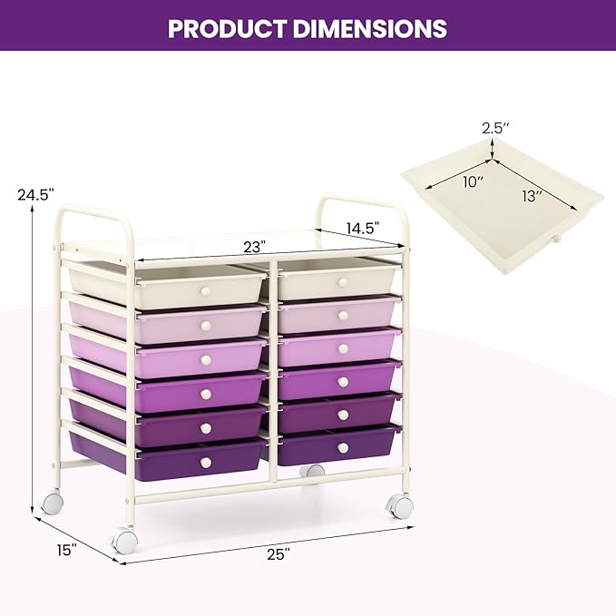 Giantex 12 Drawers Rolling Cart, Mobile Storage Drawer Cart, Classroom Organizer Cart for Office School Supplies Tools Scrapbook Paper Craft Small Printer, Utility Cart on Wheels, Purple Gradient