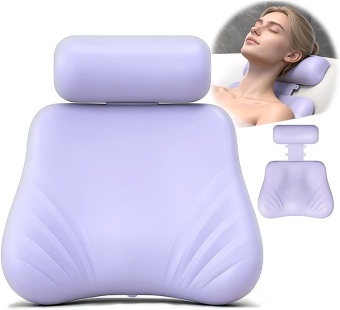 Silicone Bath Pillow, Upgraded Bath Pillows for Tub, Adjustable Height Bathtub Pillow for Head and Neck, 4D Luxury Tub Pillow Skin-Friendly Large Suction Cups Stability, Spa Relaxation-Purple