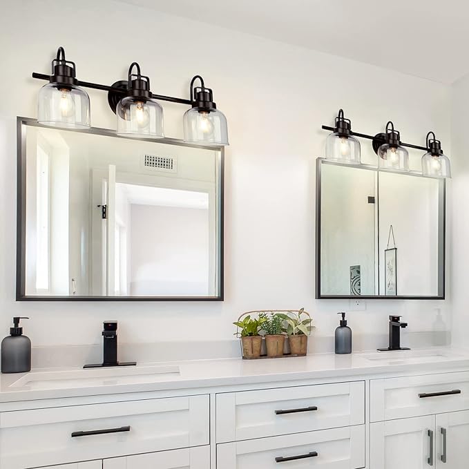 Bronze Bathroom Vanity Lights, 3-Light Vanity Light Fixtures for Bathroom, Oil Rubbed Bronze Vanity Light with Clear Glass Shade, Wall Sconces Lighting for Bathroom, Living Room, Hallway(E26 Base)
