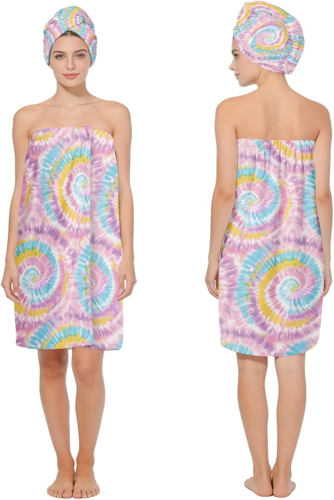 Absorbent Bath Towel Wrap Set for Women, Blue Tie-Dye Print Towel Wrap After Shower, Microfiber Shower Robe Body Towel Wraps for Women, Quick Dry Hair Towels Wraps for Spa Hotel Beach Girl