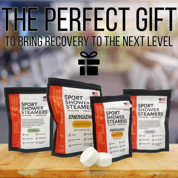 Pure Energizing Sport Shower Steamers - Natural Orange and Tea Tree Essential Oils, Made in USA, Energy Boost for Athletes, Mother’s Day Gifts for Runners, Relaxing Birthday Gifts for Self Care