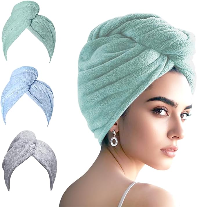 Microfiber Hair Drying Towel Wrap for Women, Hair Turbans Towel for Wet Hair,turbie Twist Hair Towels(The Color of the Picture is for Reference only) (Light Blue,Light Green,Gray)