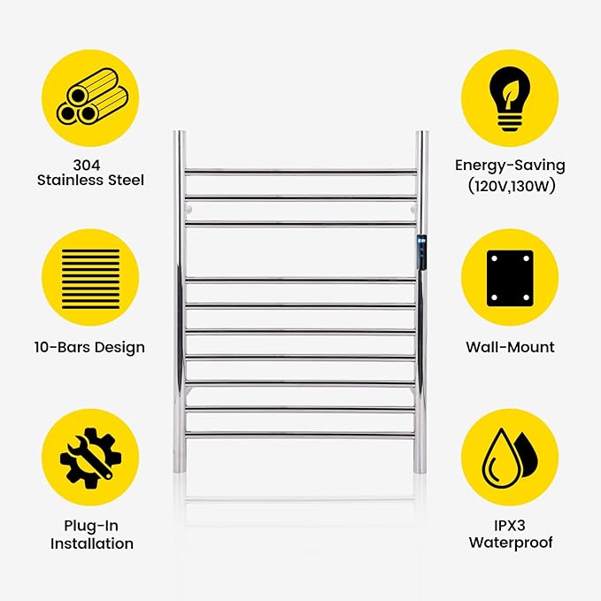 10-Bars Silver Heated Towel Rack–23" Wall Mounted Towel Warmer with Timer & Temperature Control, Stainless Steel