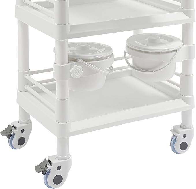 Salon Storage Cart, 3 Tier Rolling Beauty Organizer with 2 Garbage Baskets & 1 Drawer, 80kg/176.37lbs Capacity, Movable Storage Trolley for Beauty Salon SPA (White)