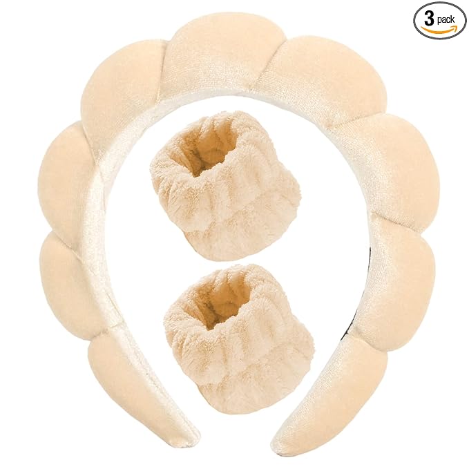 Luckybear Spa Headband for Washing Face, Velvet Makeup Headband with Face Wash Wristbands - Nude