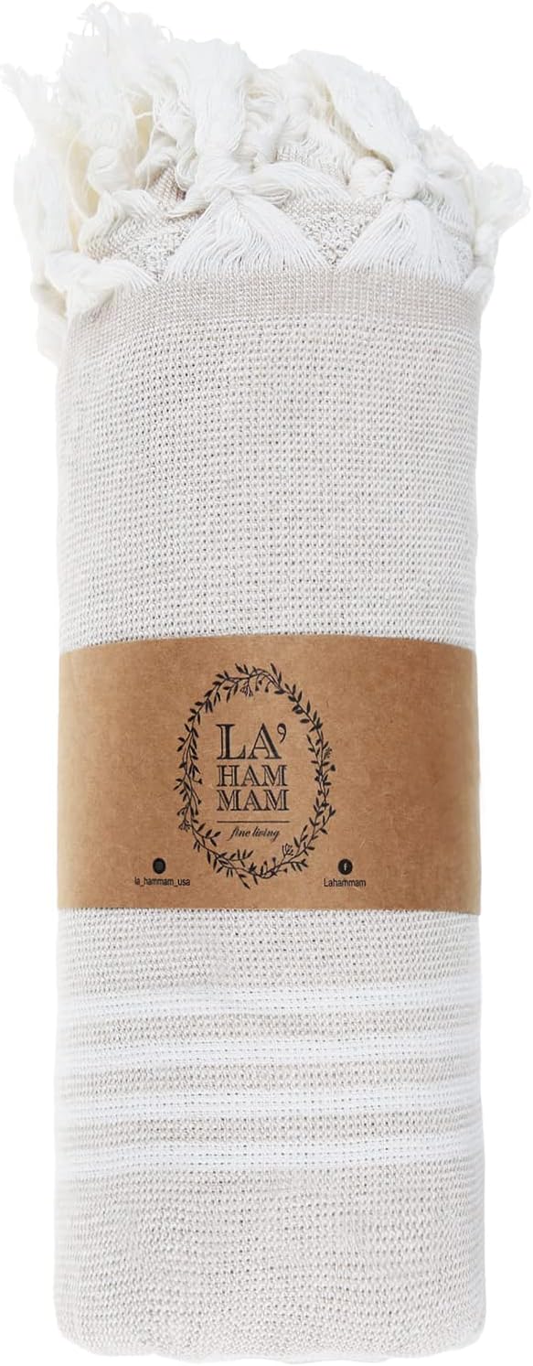Beach Towel | Cotton Beach Towels, Easy to Carry, Sand Free, Highly Absorbent, Quick Dry, Turkish Towels for Travel Camping Bath Sauna Beach Gym Fitness Pool Yoga SPA by Lahammam, Asena, Beige