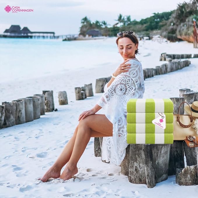 CASA COPENHAGEN Cabana Towel 4Pcs Green Designer Stripe Beach Towels Gift Set, 30"x60" Oversized 100% Cotton Pool Bath Towel for Beach Gift Set (Perfect Summer Gift Set for Women & Men)