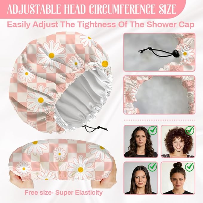 Pink Daisy Reusable Shower Cap Buffalo Check Double Layer Waterproof Shower Caps Large Elastic Hair Cover Adjustable Hair - Drying Caps for Woman Bath SPA Travel One Size Fits Most