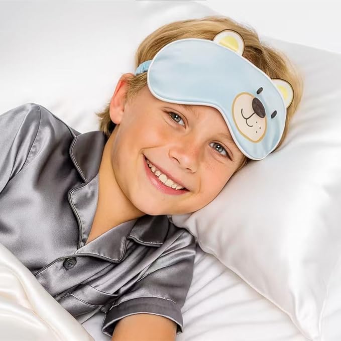 Orose Kids Silk Sleep Mask Cute Adjustable Original Design for Boys & Girls, Double-Sided Mulberry Silk, Cartoon Pattern, Toddler Eye Mask (Little Bear)