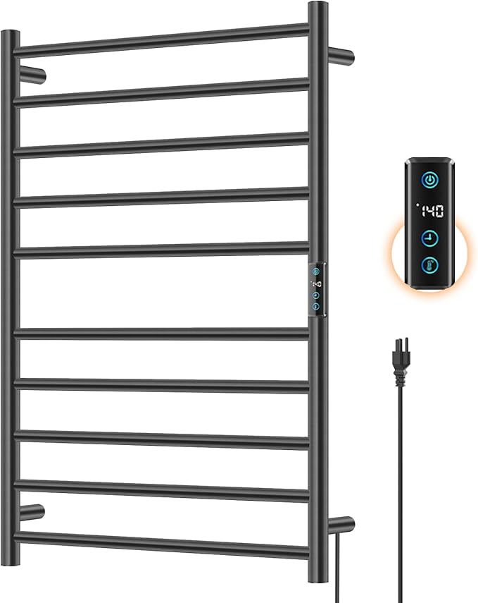 Towel Warmer Rack for Bathroom, Heated Towel Rack Wall Mounted, Stainless Steel, Warmers Rack for Bathroom, Fast Heating, Smart Timing & Temperature Control, Plug-in, Black