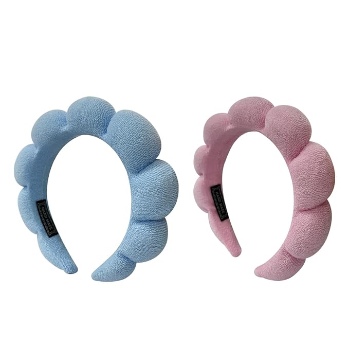 KVZVK Puffy Sponge Spa Hairband, 2 Pack for Women Face Washing, Makeup Removal, Shower, Skincare (Pink, Blue)