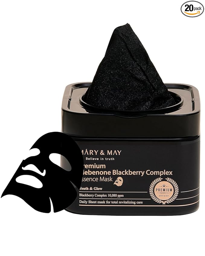 Mary&May Premium Idebenone Blackberry Complex Essence Mask (20 Sheets) – Bamboo Charcoal Sheet, Daily Pull-Out Dispenser Korean Face Mask with Vitamin C, Panthenol & Ceramide for Hydrating Radiance