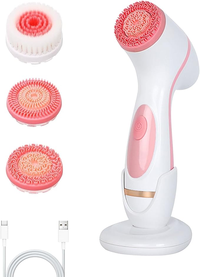 Facial Cleansing Brush, 3in1 Silicone Face Scrubber, Waterproof Facial Scrubber for Deep Cleansing, Rechargeable Face Exfoliation Brush with 2 Adjustable Speeds, Face Spin Brush for Women Men (Pink)