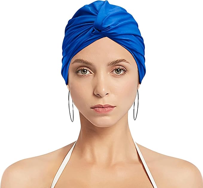Pleated Fabric Swimming Cap Women Ladies Long Hair Swim Cap Ear Protecting Bathing Cap Elastic Polyester Turban Swim Hat Shower Cap for Beach Spa Non Waterproof, Twisted Beanie Cap Sleep Hat