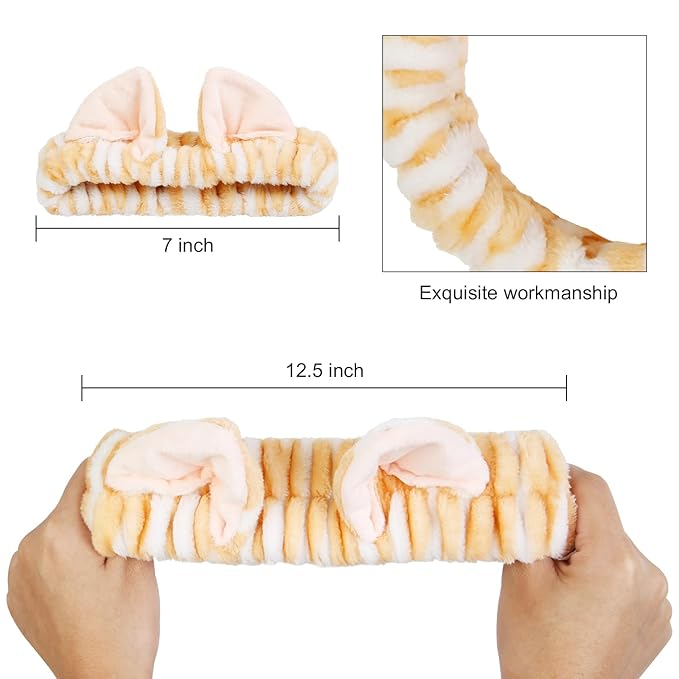 TEBIEKOY Plush Cat Ears Spa Headband For Washing Face Skincare Makeup, Elastic Animal Headbands for Women Girls Soft Coral Fleece Facial Wash Hair Accessories Trendy Stuff Gifts, 2PCS